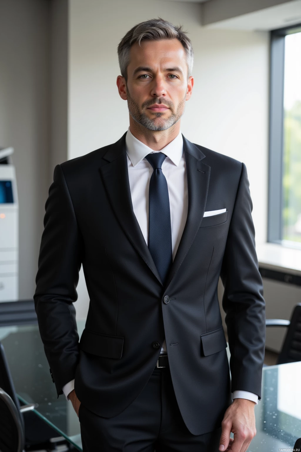 A man in a formal black suit and tie stands in an office setting.