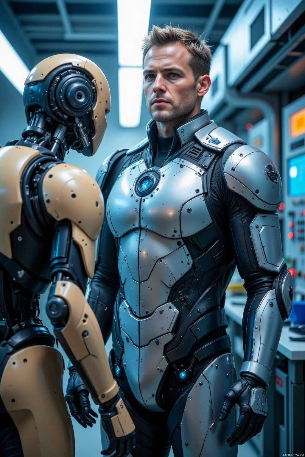 A man in futuristic armor stands beside a robot in a high-tech environment.