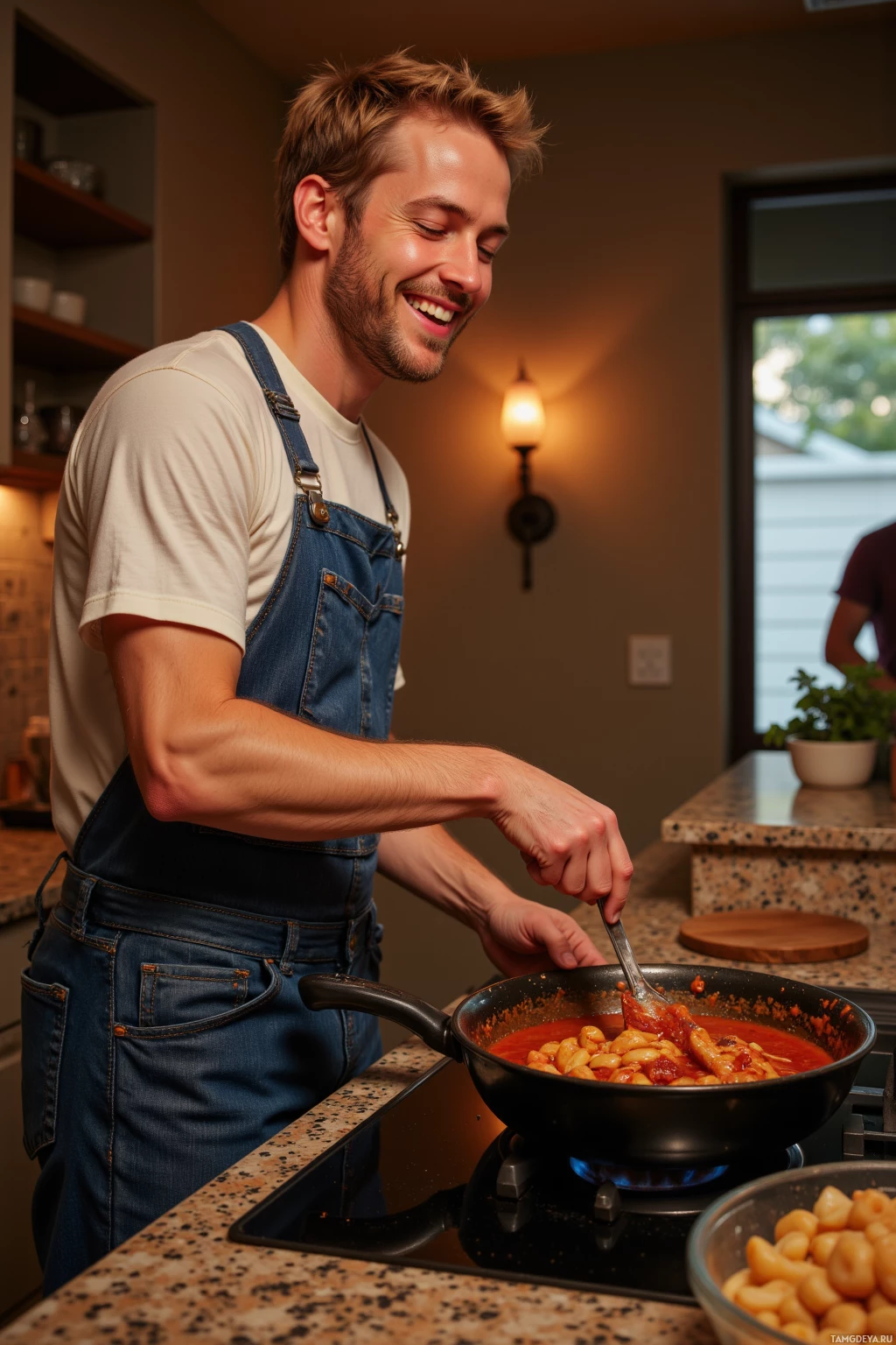 A man in a kitchen smiles while cooking pasta in a pan on a stove.
