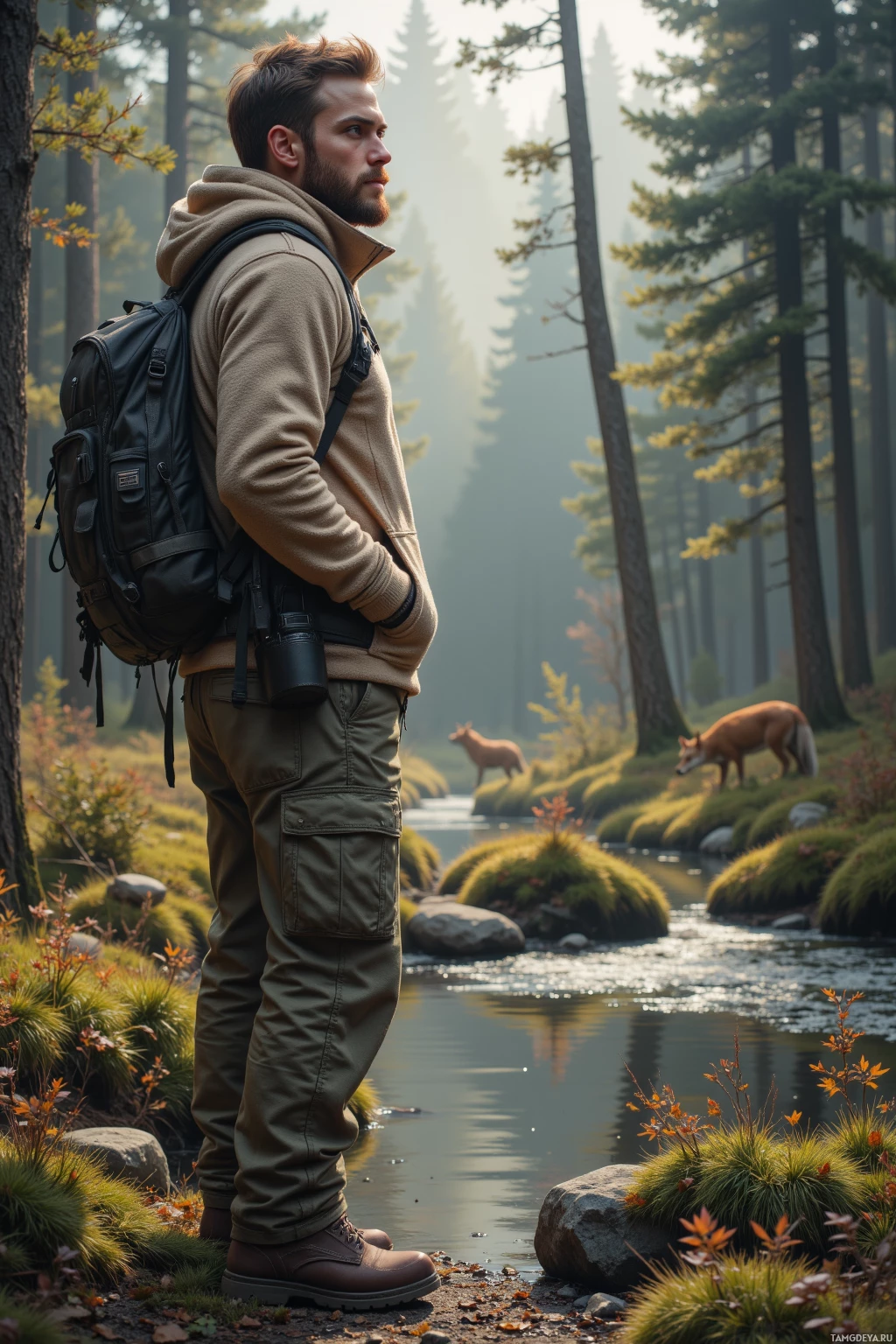 A man with a backpack stands by a river in a forest, surrounded by tall trees and wildlife.