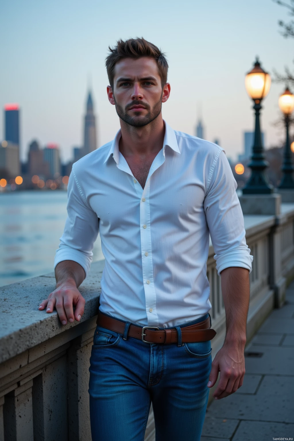 A man in a white shirt and jeans leans against a railing with a cityscape in the background.