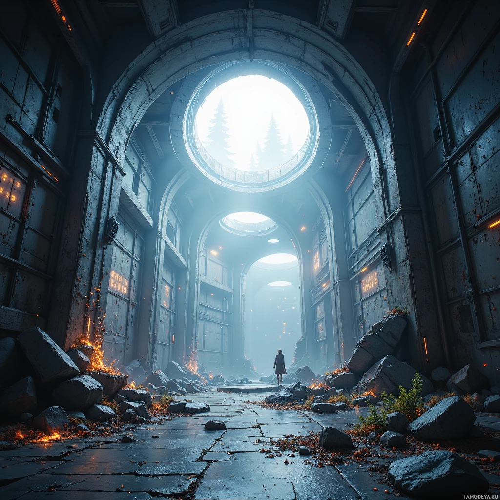 A lone figure stands at the entrance of a dilapidated, sunlit structure with rocky debris and glowing embers.