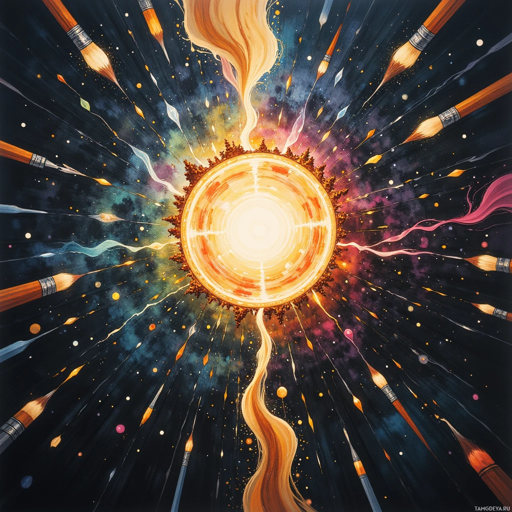 A vibrant cosmic scene with a central glowing orb surrounded by paintbrushes and radiant light streaks.