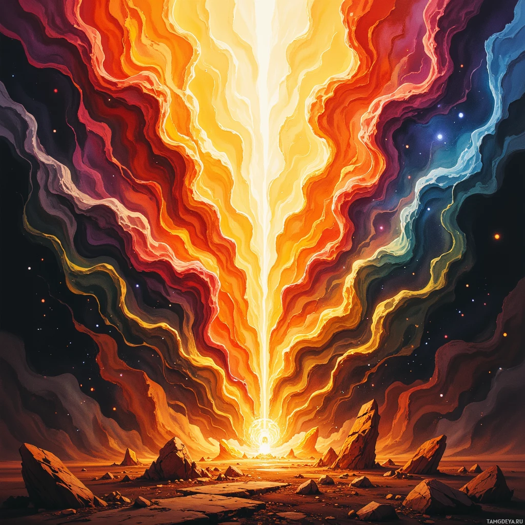 A vibrant, abstract scene featuring a radiant light source emitting colorful, wavy patterns against a dark, starry background.