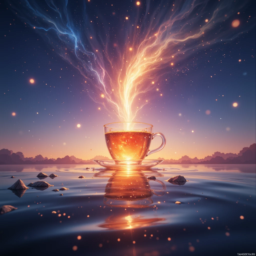 A glowing cup of tea floats on water, emitting radiant energy against a starry sky.