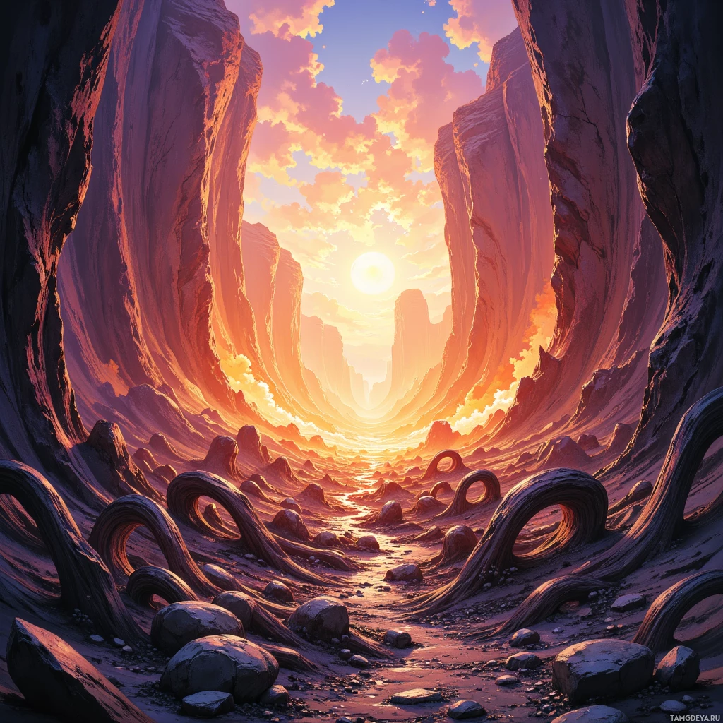 A surreal, fantastical landscape featuring towering, twisted rock formations and a glowing sun in the sky.