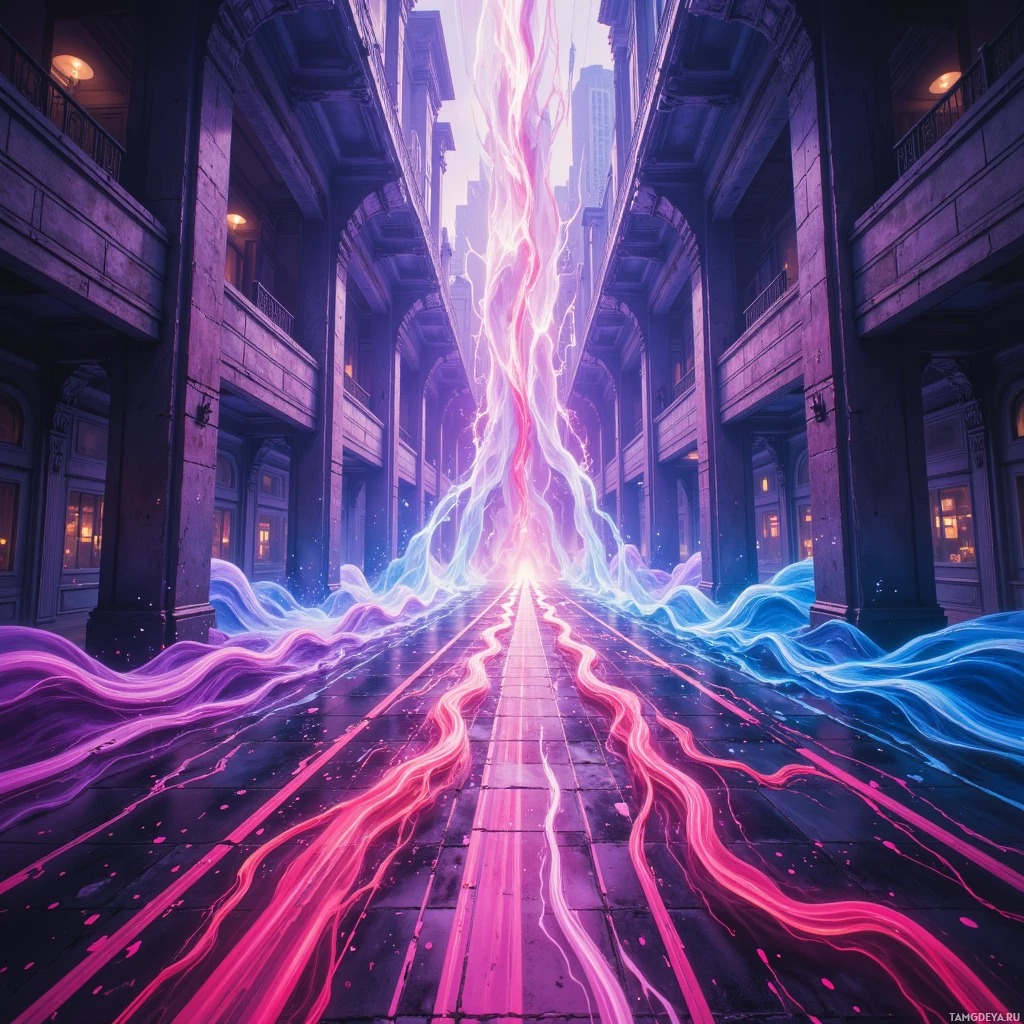 A vibrant, futuristic cityscape with glowing, flowing lines creating a dynamic and surreal atmosphere.