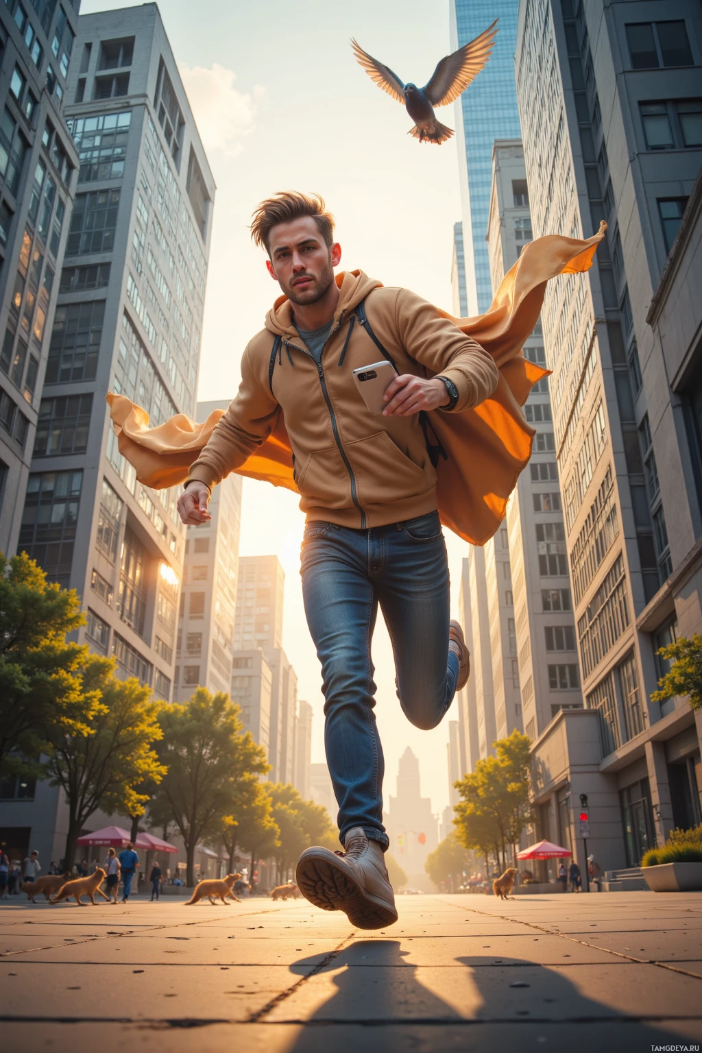 A man in a brown hoodie and jeans runs through a city street with a bird flying above him.