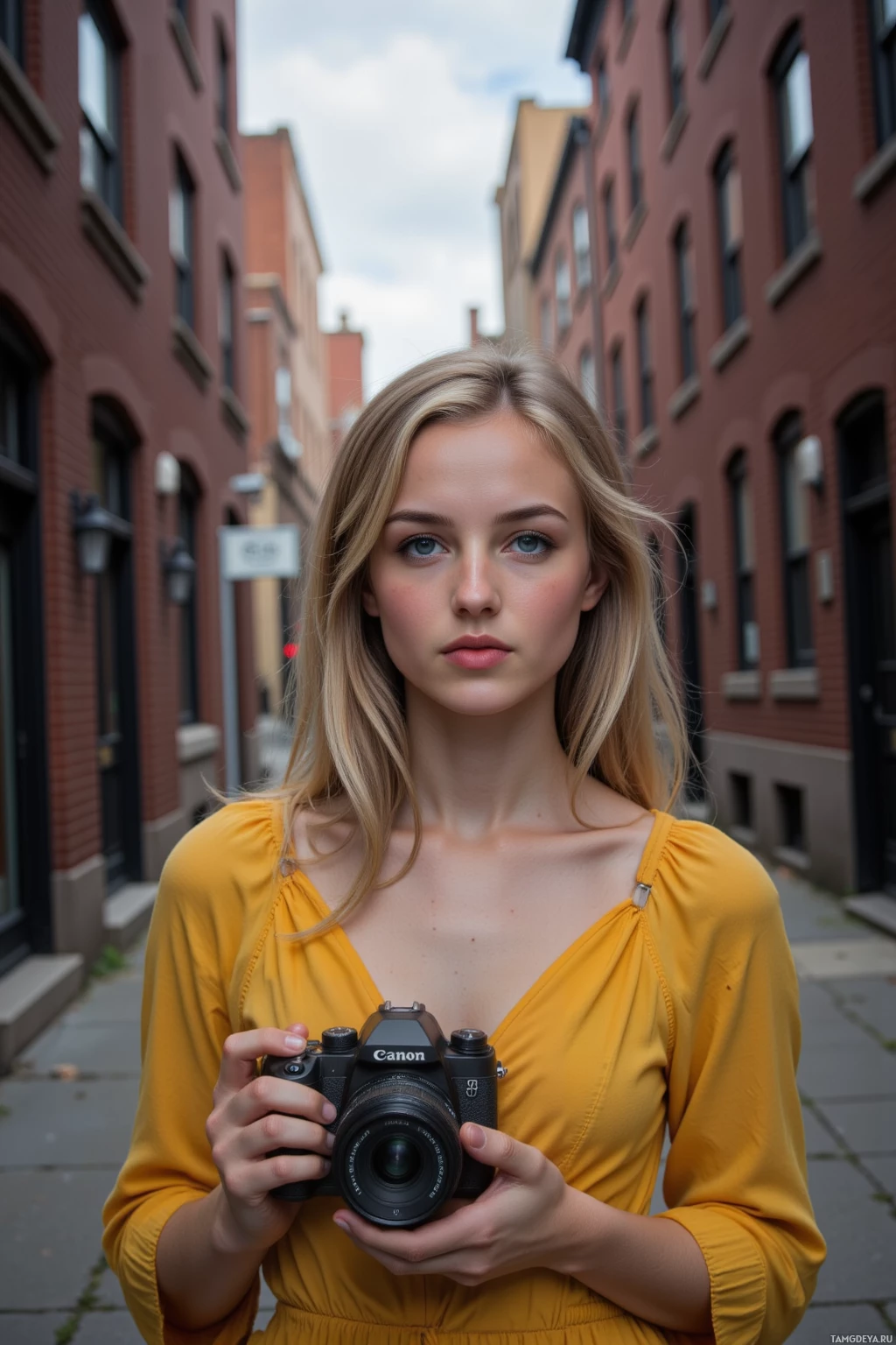A person in a yellow top holds a Canon camera in an alleyway with brick buildings.