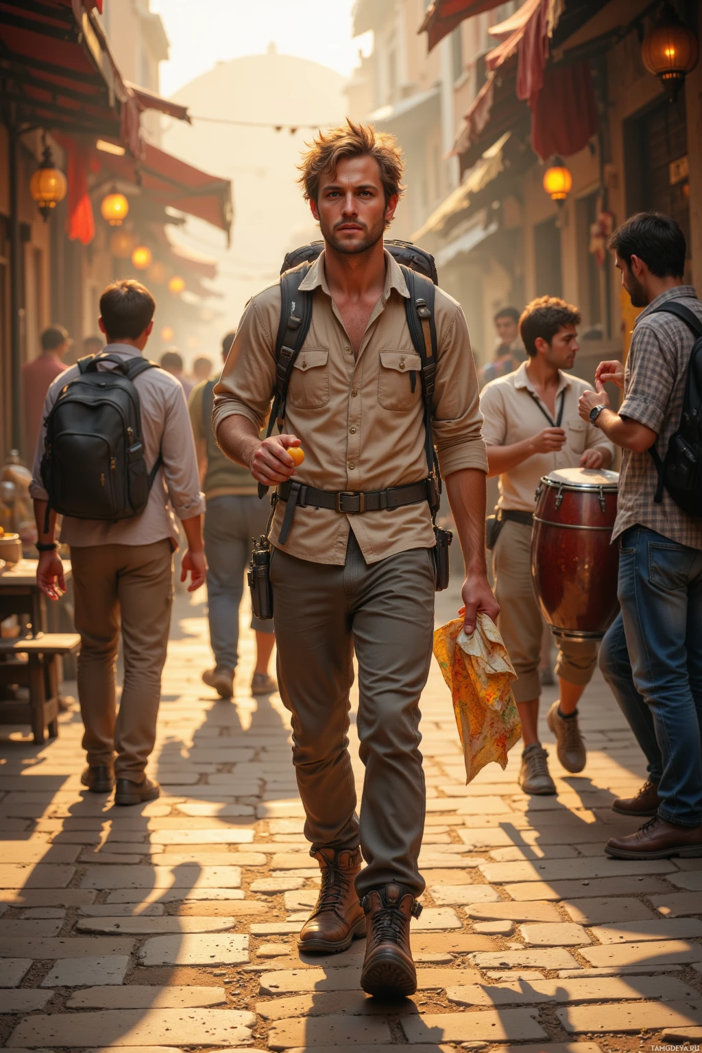 A man in a beige shirt and khaki pants walks down a cobblestone street, carrying a backpack and holding a piece of paper.