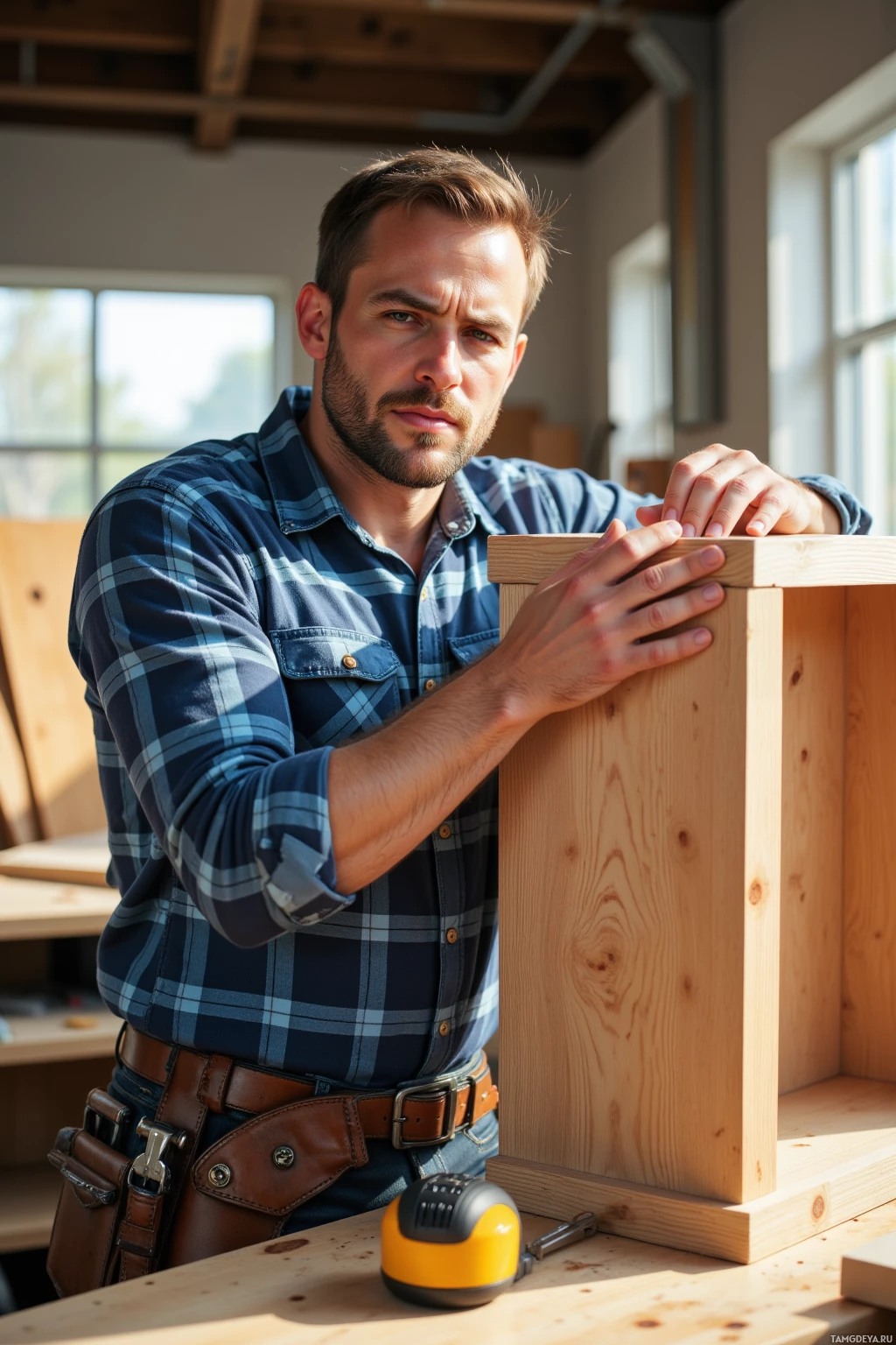 A man in a plaid shirt and tool belt works on a wooden project in a well-lit workshop.