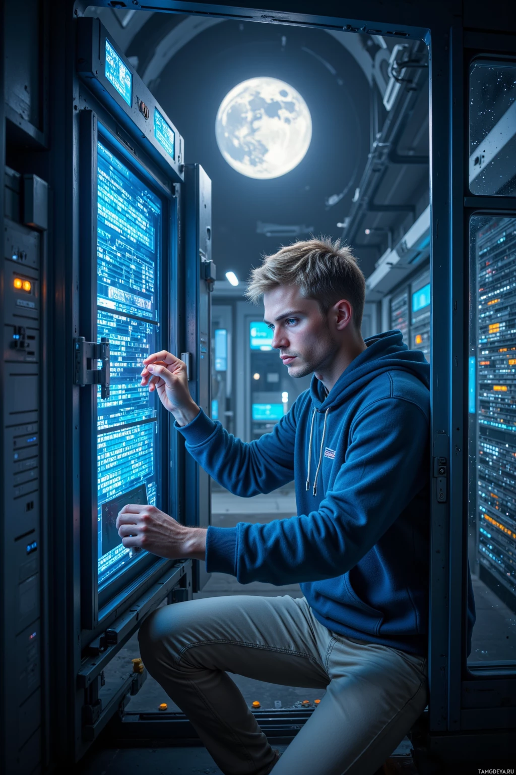 A person in a hoodie interacts with a large, illuminated display in a futuristic setting.