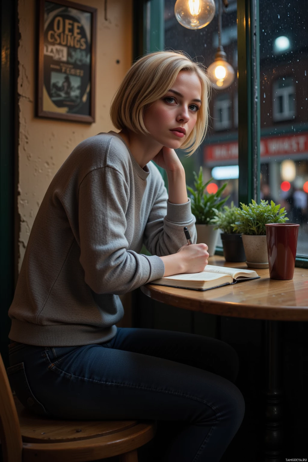 A woman sits at a table in a cozy café, writing in a notebook.