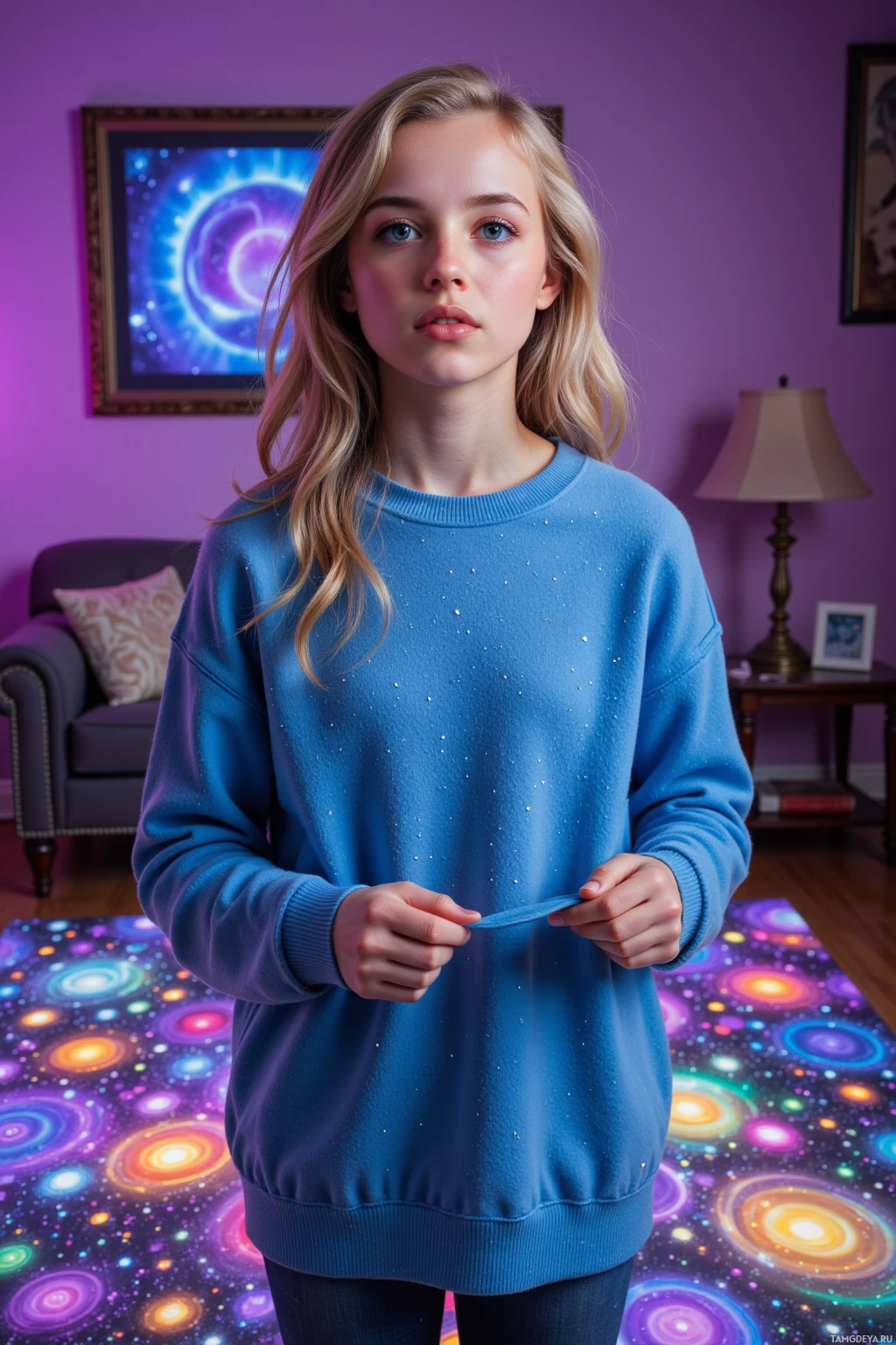 A person wearing a blue sweater with small embellishments stands in a room with purple walls and a colorful abstract rug.