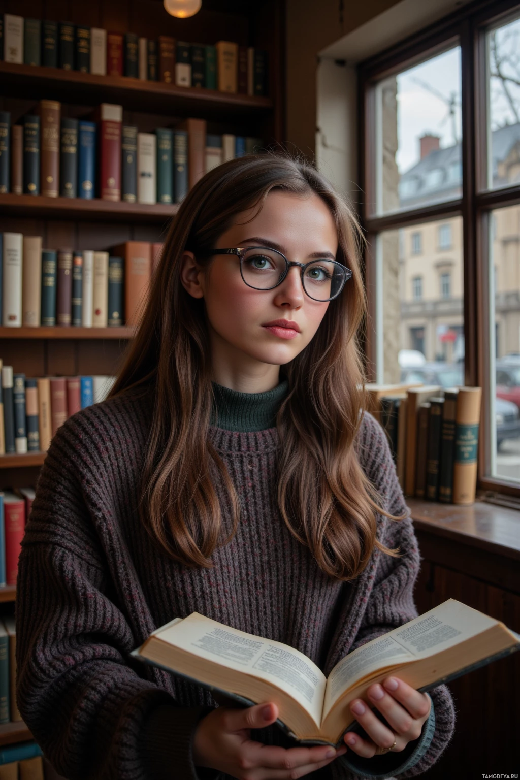 A young woman wearing glasses and a sweater holds an open book in a library setting.