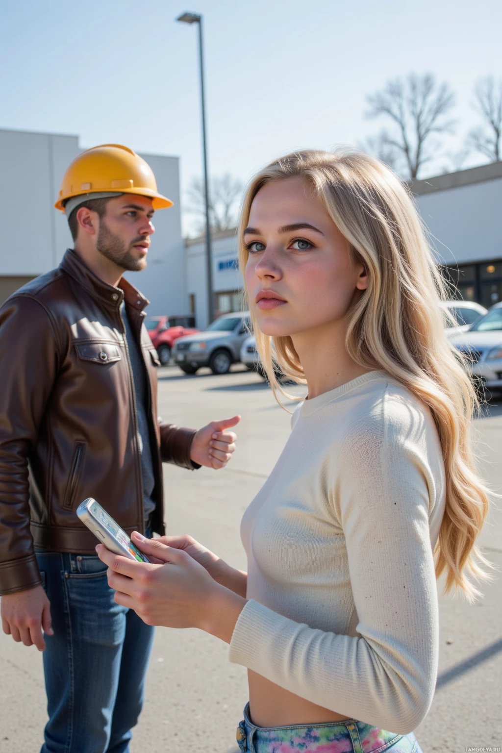 A woman in a white top and jeans stands in a parking lot, holding a phone, while a man in a hard hat and brown jacket points behind her.