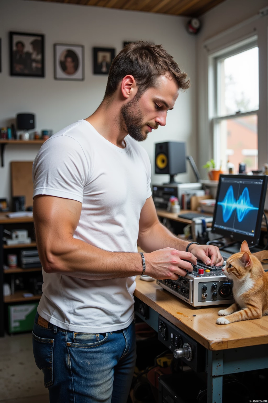 A man in a white t-shirt works on audio equipment in a home studio, with a cat observing nearby.