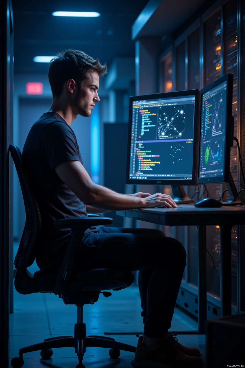 A person is seated at a desk in a dimly lit room, working on a computer with multiple monitors displaying code and data.