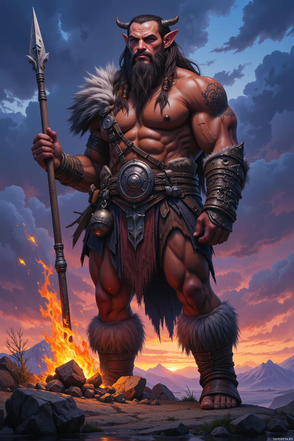 A muscular, horned warrior stands in a dramatic landscape, holding a spear and wearing fur and leather armor.