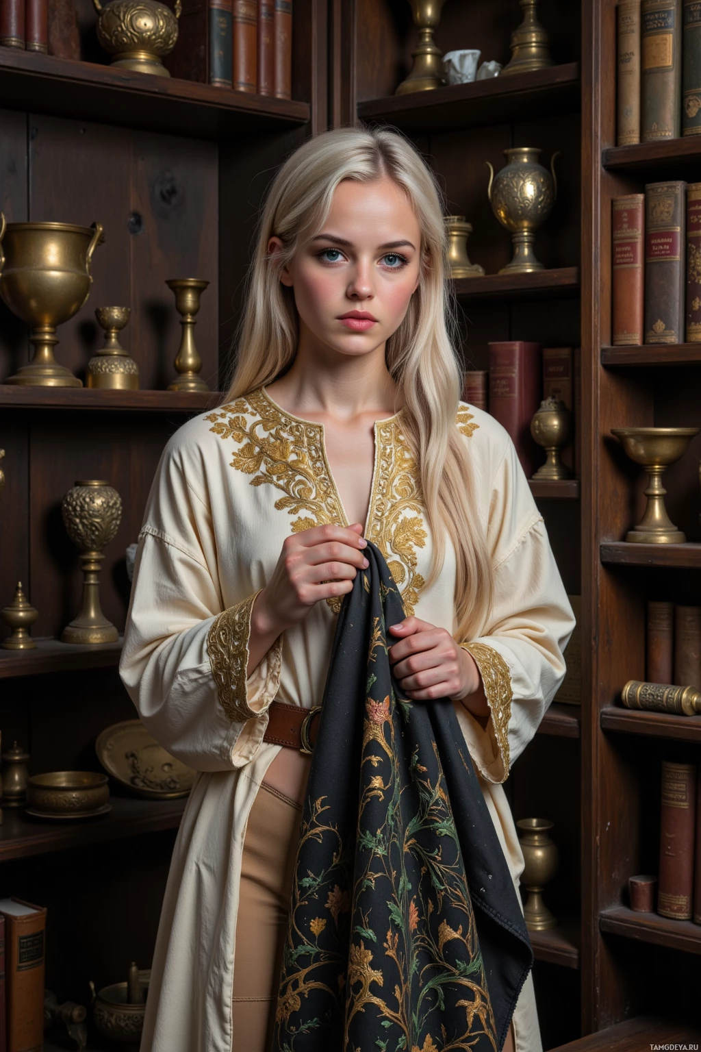 A woman in an ornate, embroidered robe stands in front of a bookshelf.