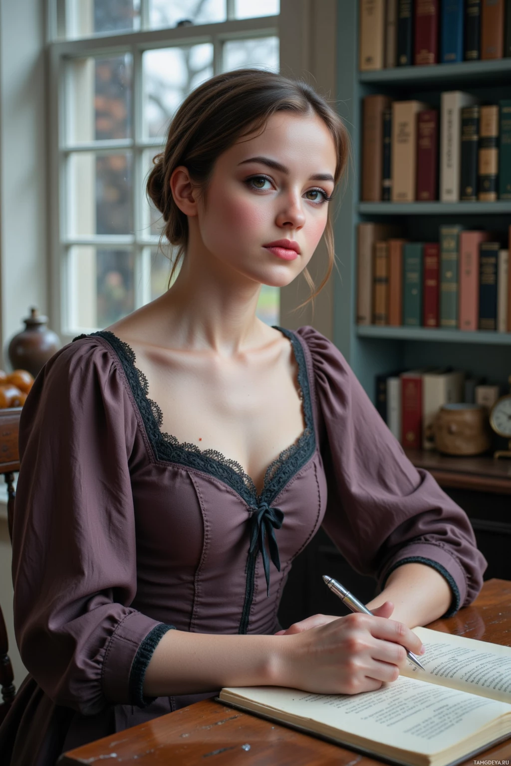 A woman in a historical-style dress is writing in a notebook at a desk.