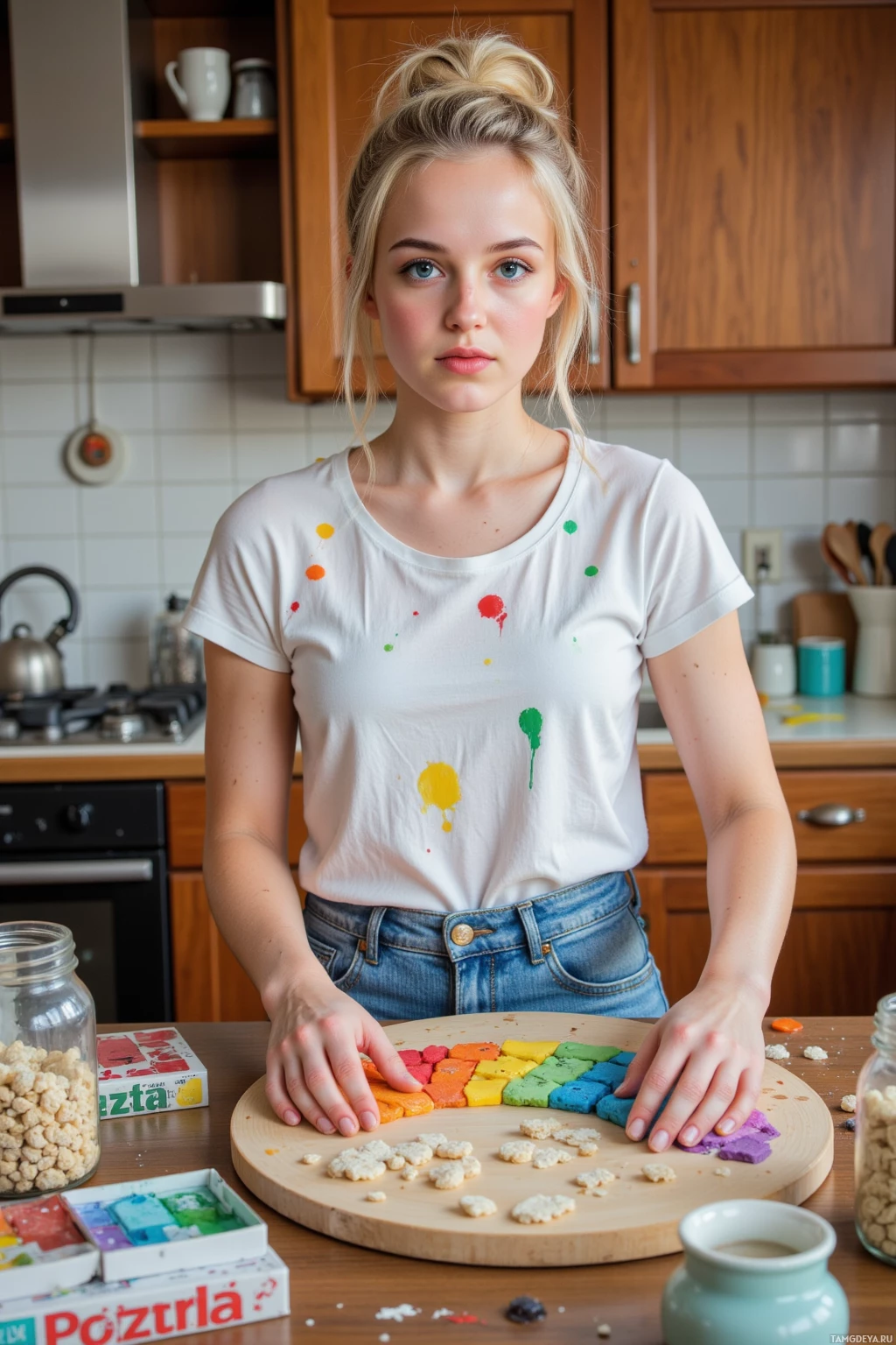 A person stands in a kitchen with a white shirt splattered with colorful paint, hands resting on a wooden board with colorful objects.