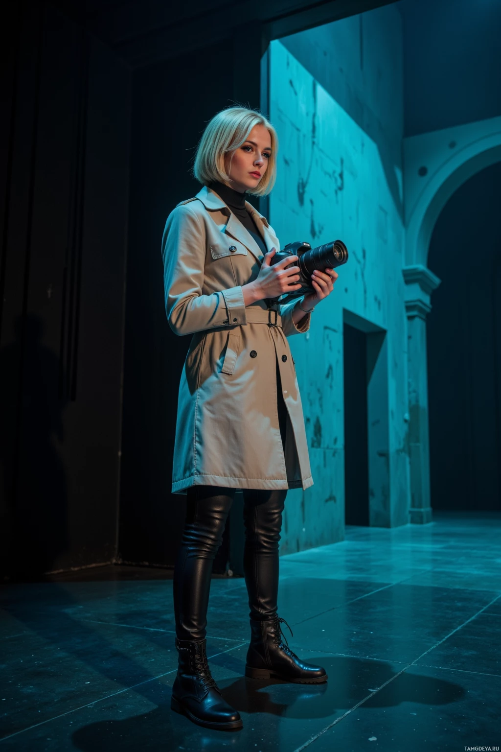 A person in a trench coat and leather pants holds a camera in a dimly lit, modern interior setting.