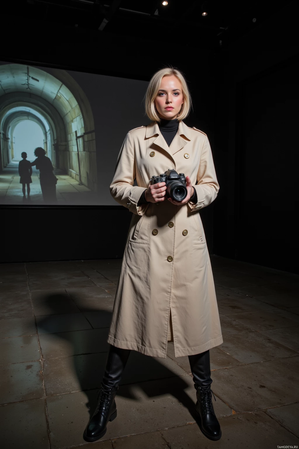 A person in a trench coat and boots holds a camera in front of a projected image.