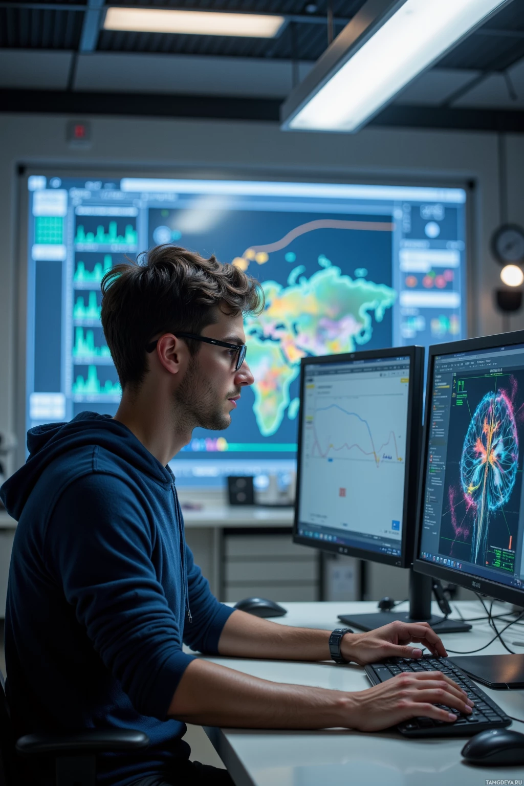 A person is working at a desk with multiple computer monitors displaying various data and maps.