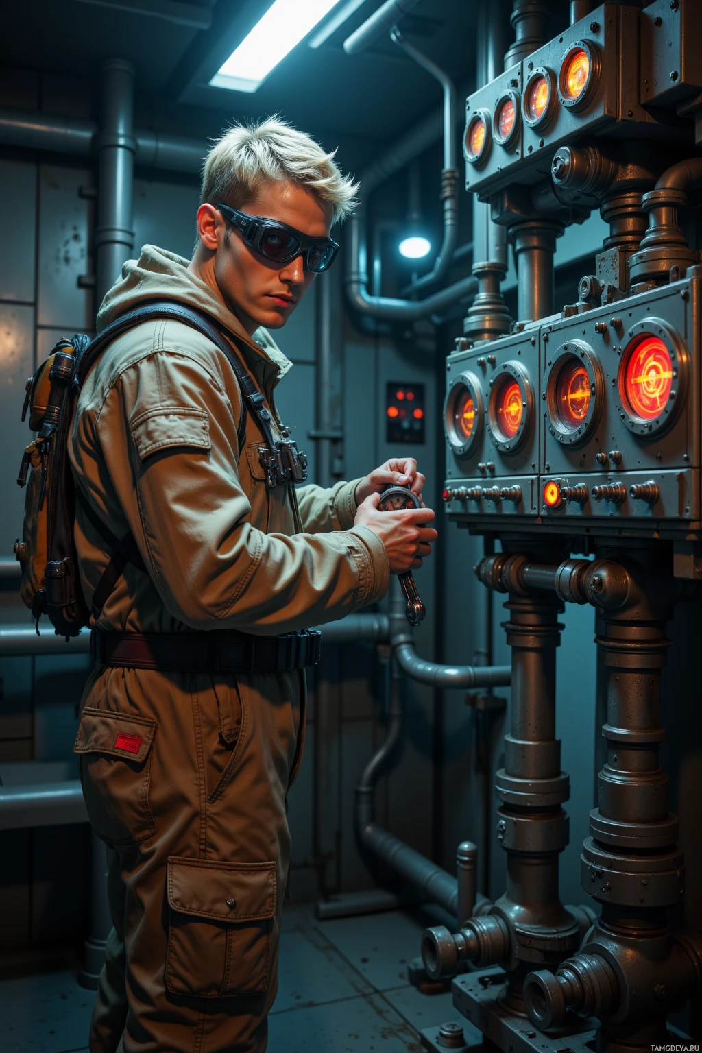 A person in a utility uniform stands in a dimly lit industrial setting, holding a tool near a control panel with illuminated buttons.