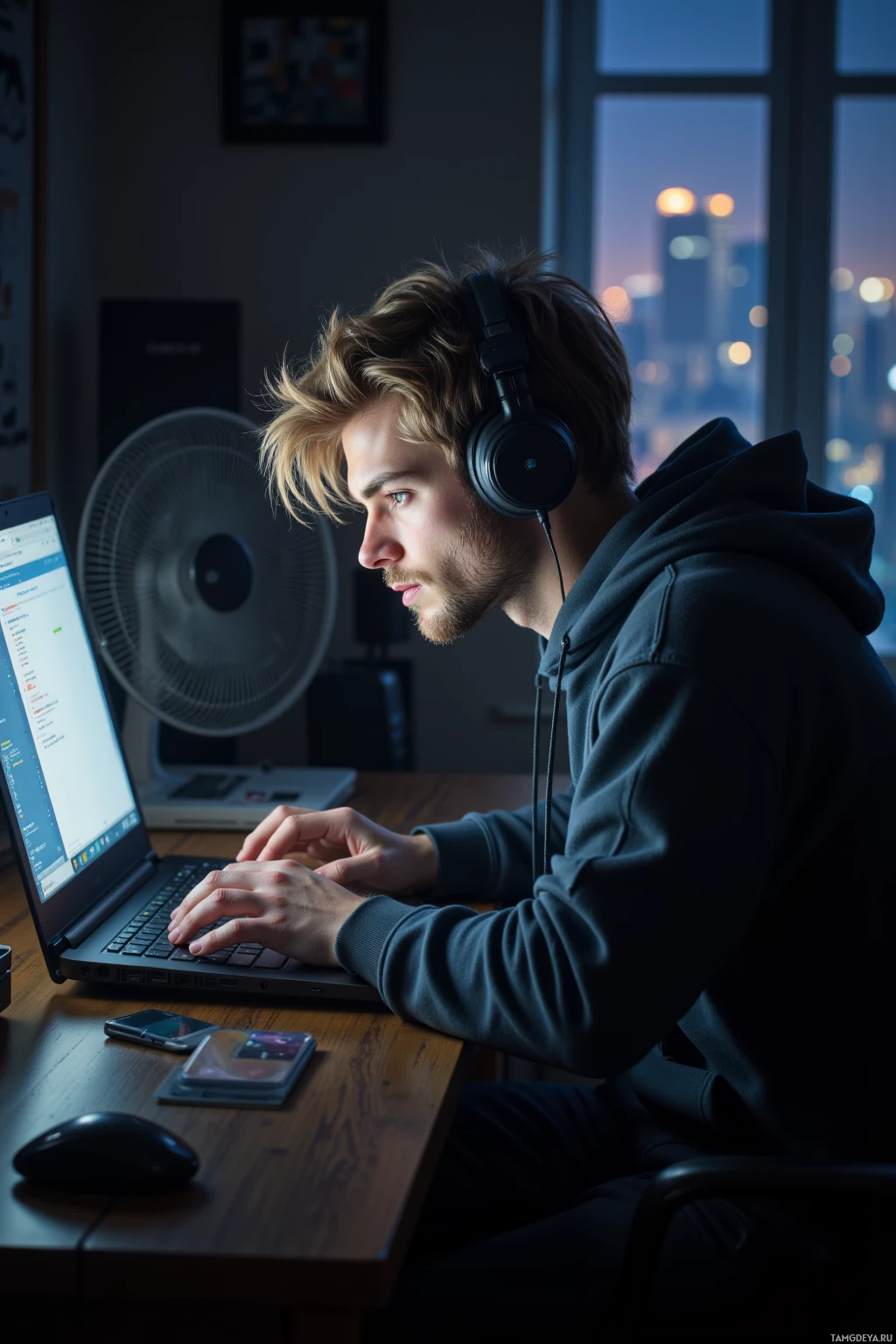 A person wearing headphones works on a laptop in a dimly lit room with a cityscape visible through the window.