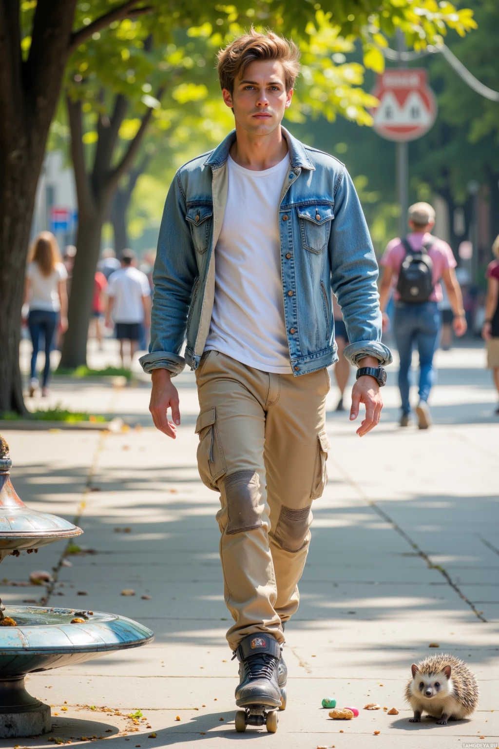 A person rollerblading on a sunny day with a small hedgehog nearby.