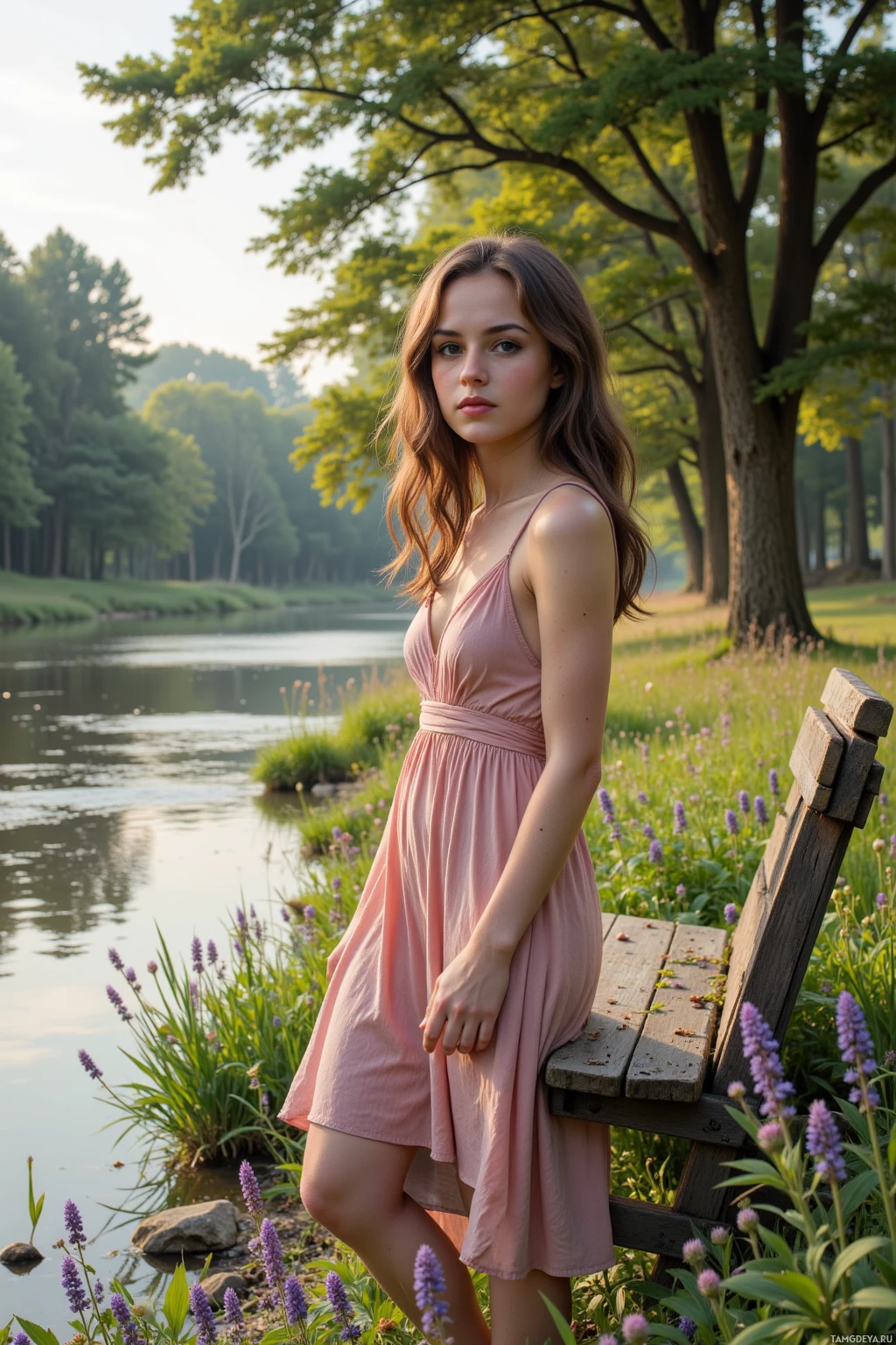 A woman in a pink dress sits on a wooden bench by a serene lakeside with lush greenery and blooming flowers.