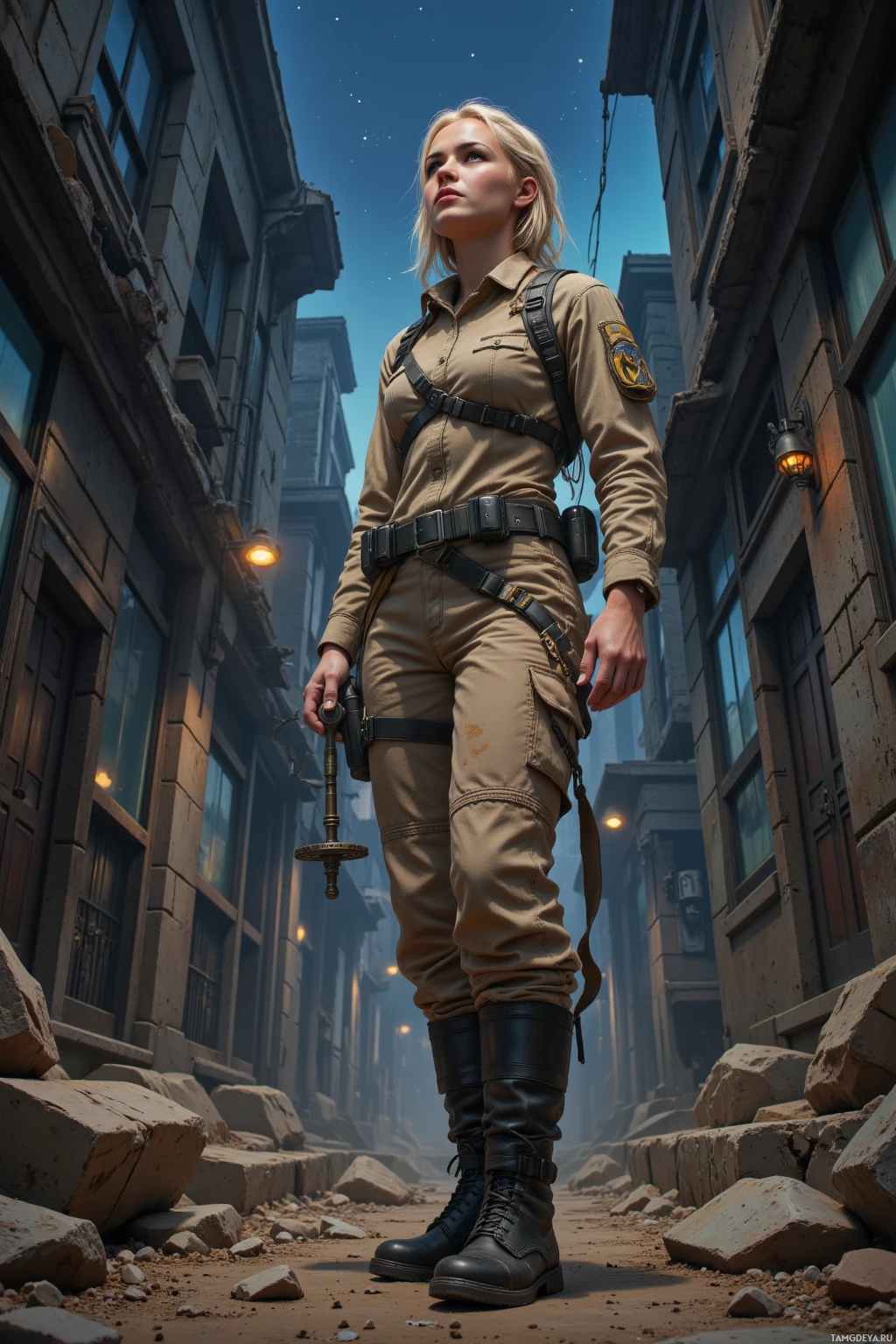 A woman in a uniform stands in a narrow alleyway with debris and a starry sky above.