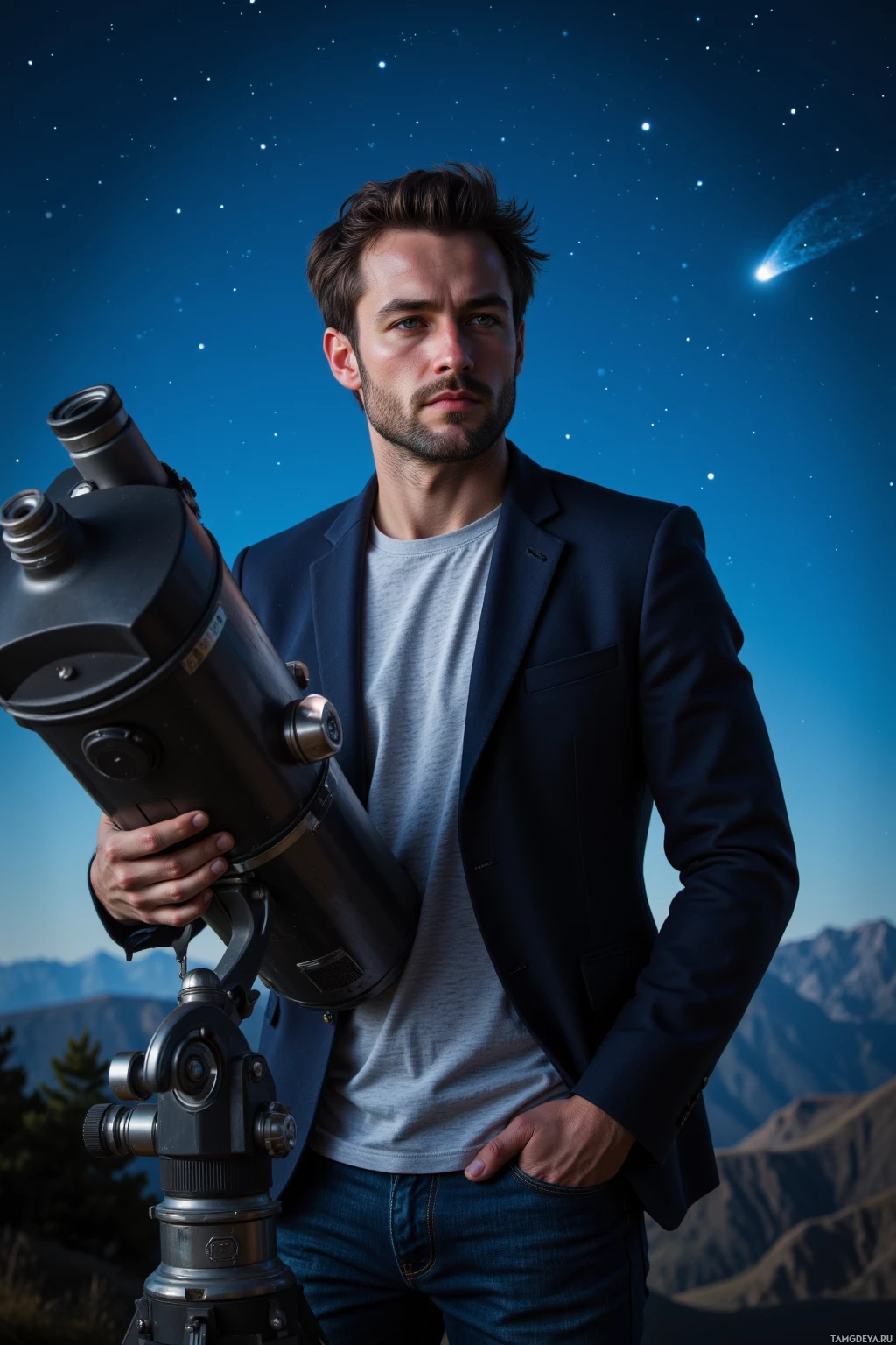 A man stands outdoors holding a telescope, with a starry sky and mountains in the background.