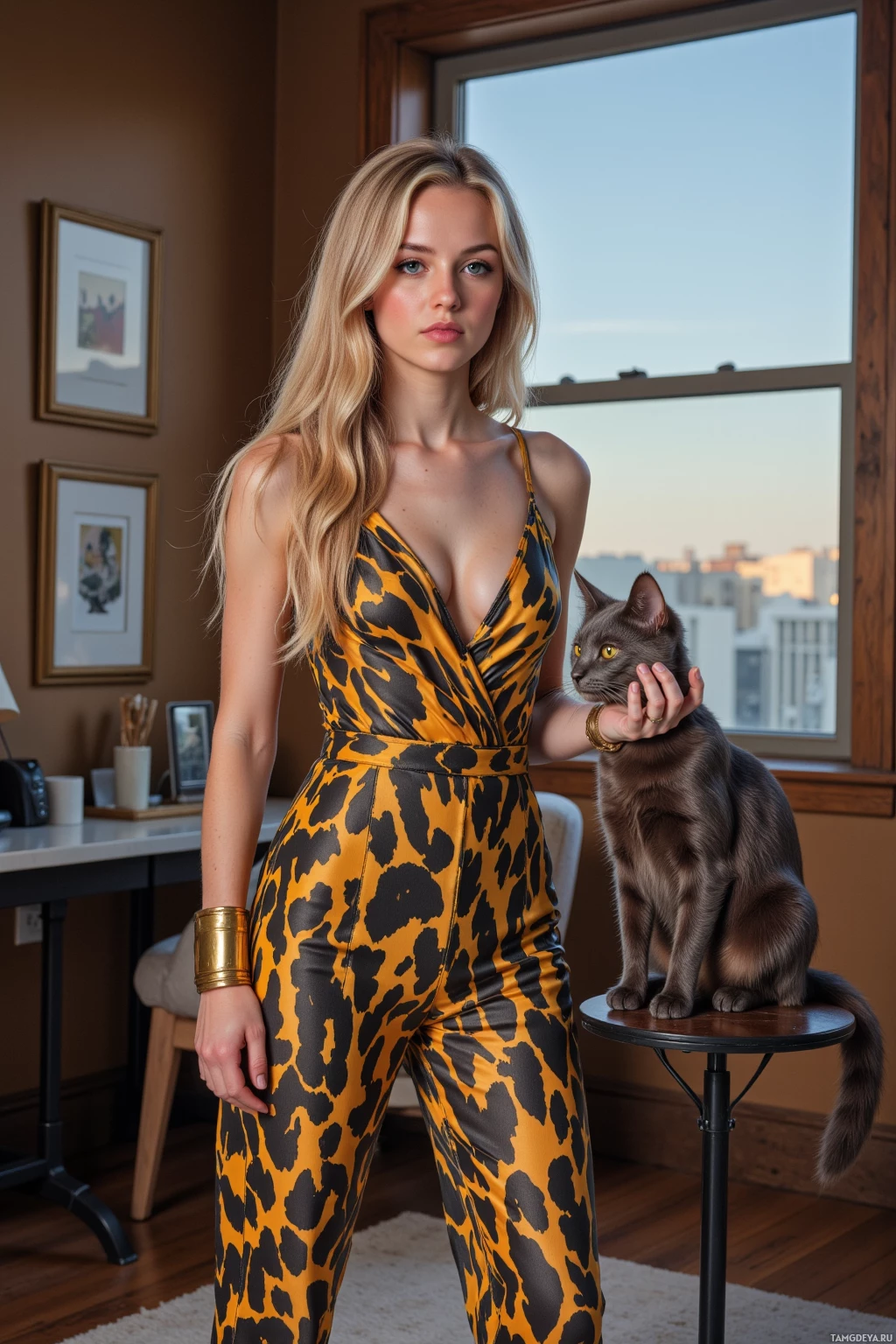A woman in a leopard print jumpsuit stands indoors with a cat on a stool.