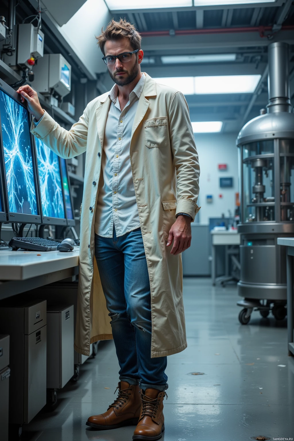 A man in a lab coat stands in a laboratory, looking at a computer screen.