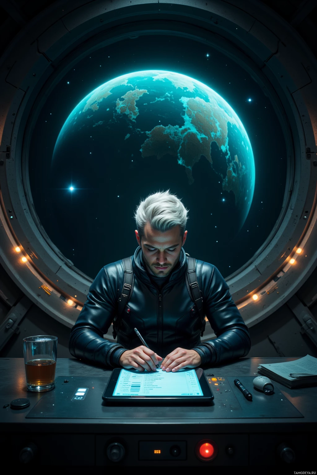 A person in a space suit works at a desk with a view of Earth through a porthole.