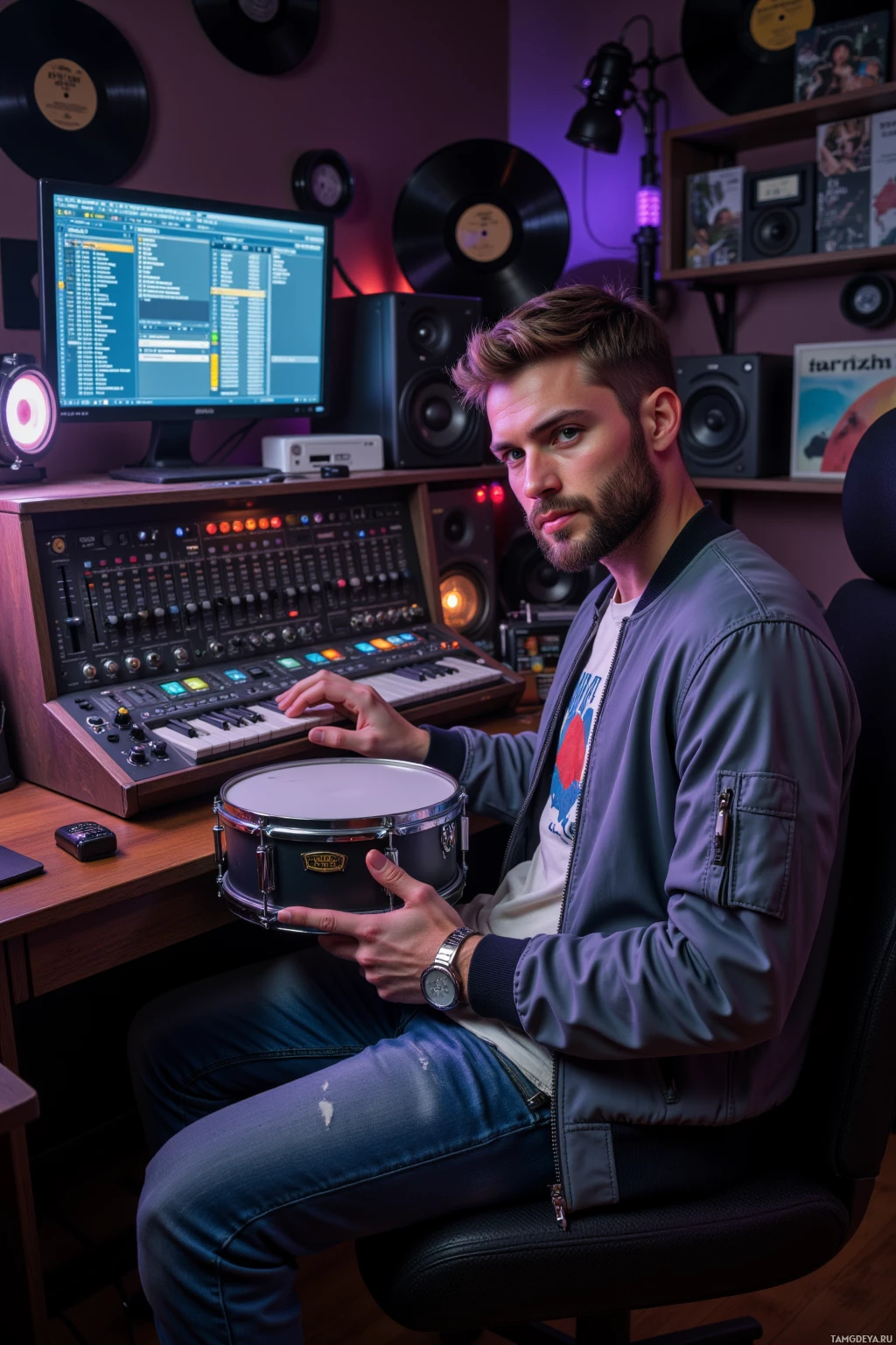 A person sits in a recording studio, holding a snare drum, with a mixing console and computer screen in the background.