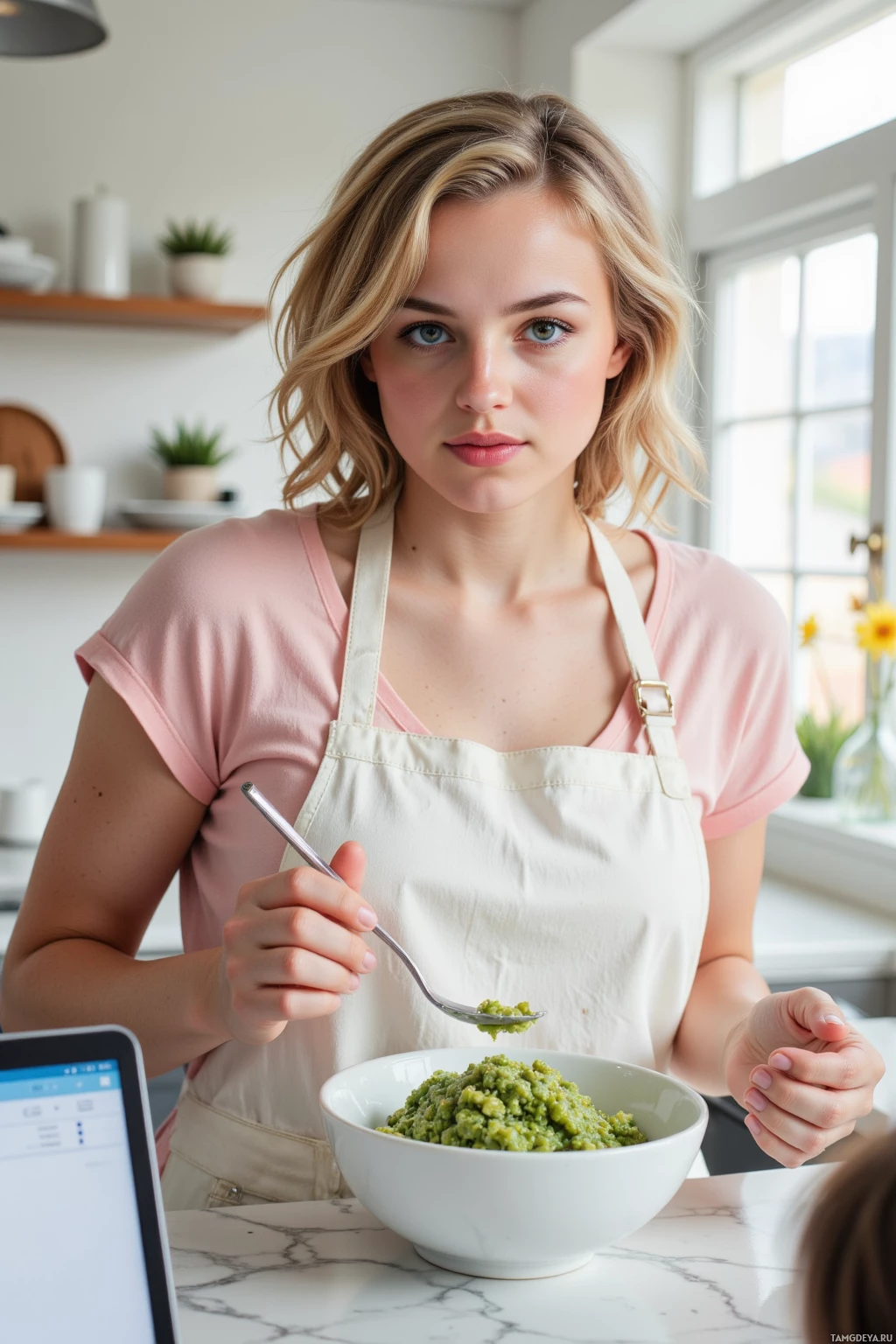 A woman in a kitchen prepares a bowl of green food with a spoon.