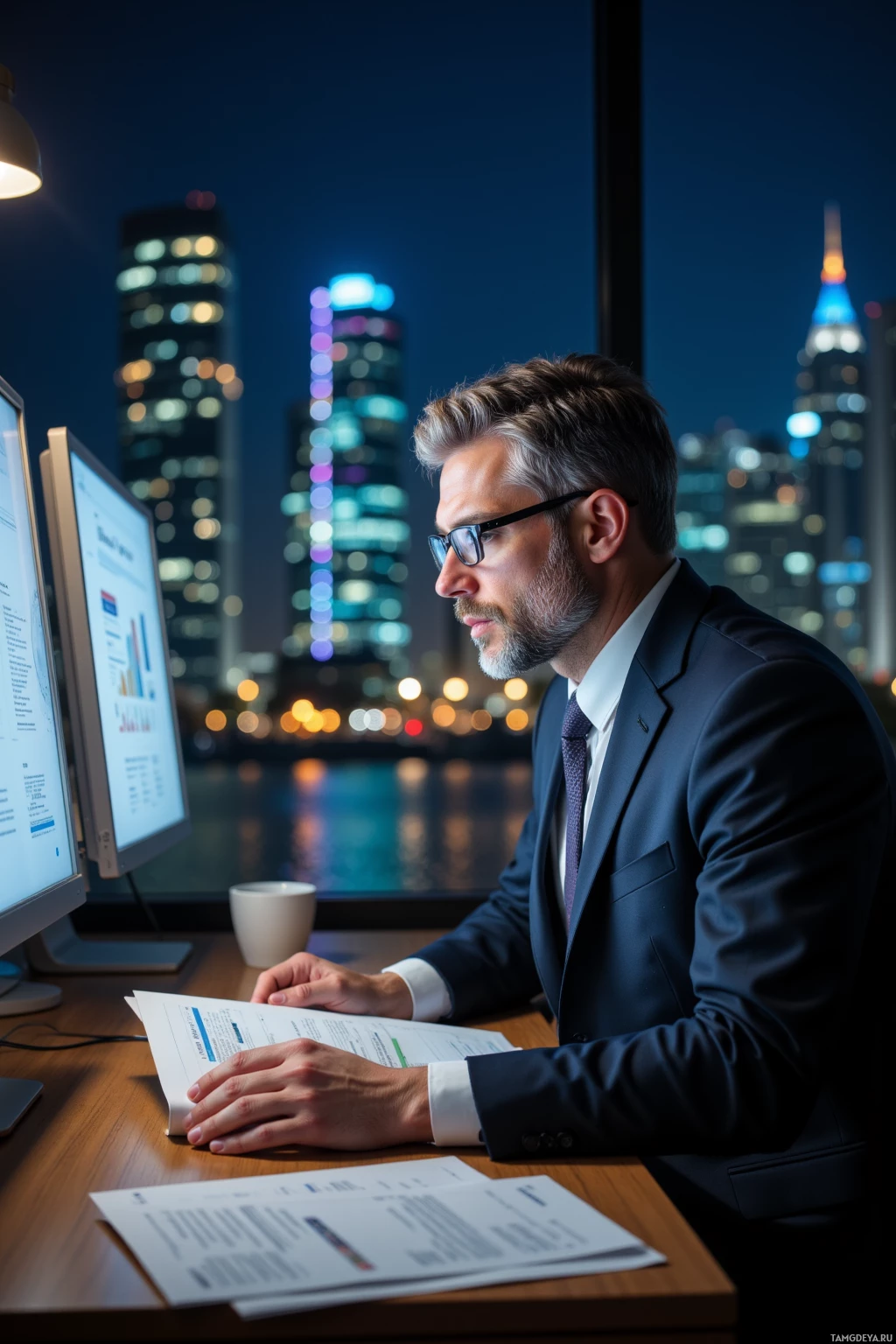 A man in a suit works at a desk with a cityscape view at night.