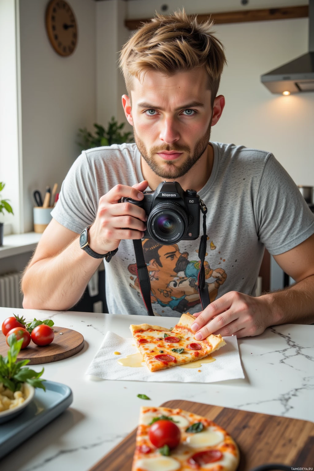 A person holding a camera and eating pizza in a kitchen setting.