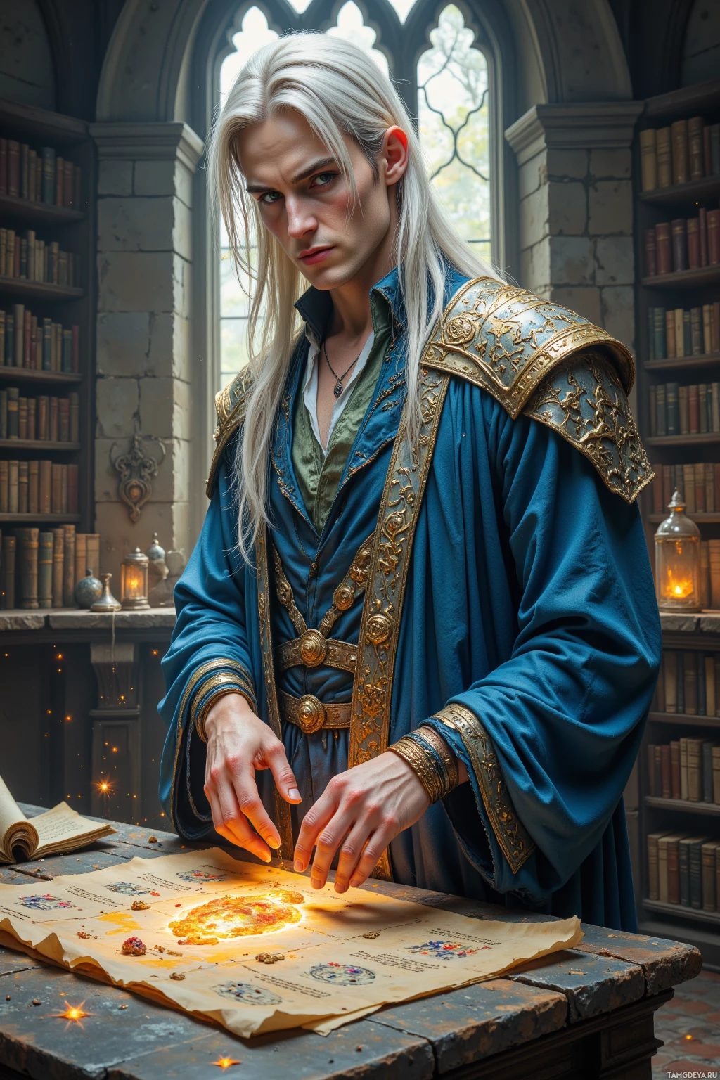 A person in ornate blue and gold attire stands in a library, examining a glowing map on a table.