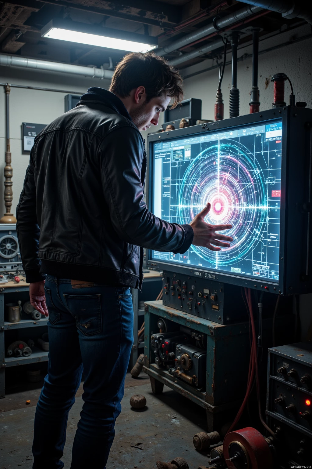 A man in a leather jacket stands in a dimly lit room, interacting with a large screen displaying a futuristic interface.