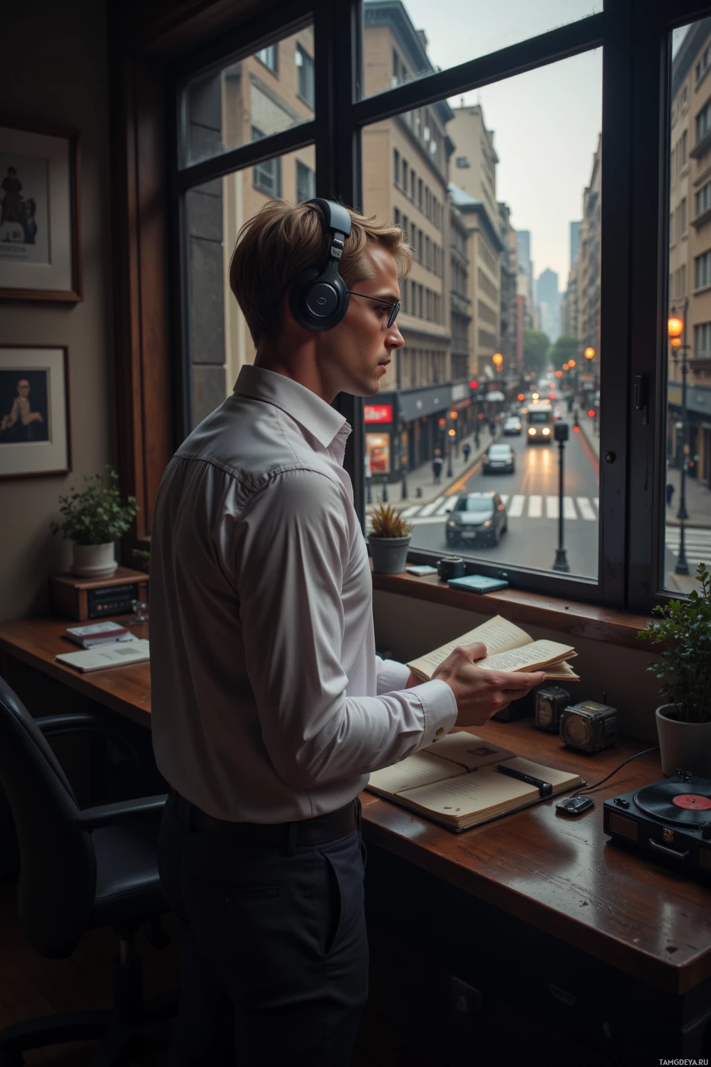 A man in a white shirt stands by a window, reading a book and listening to music with headphones.