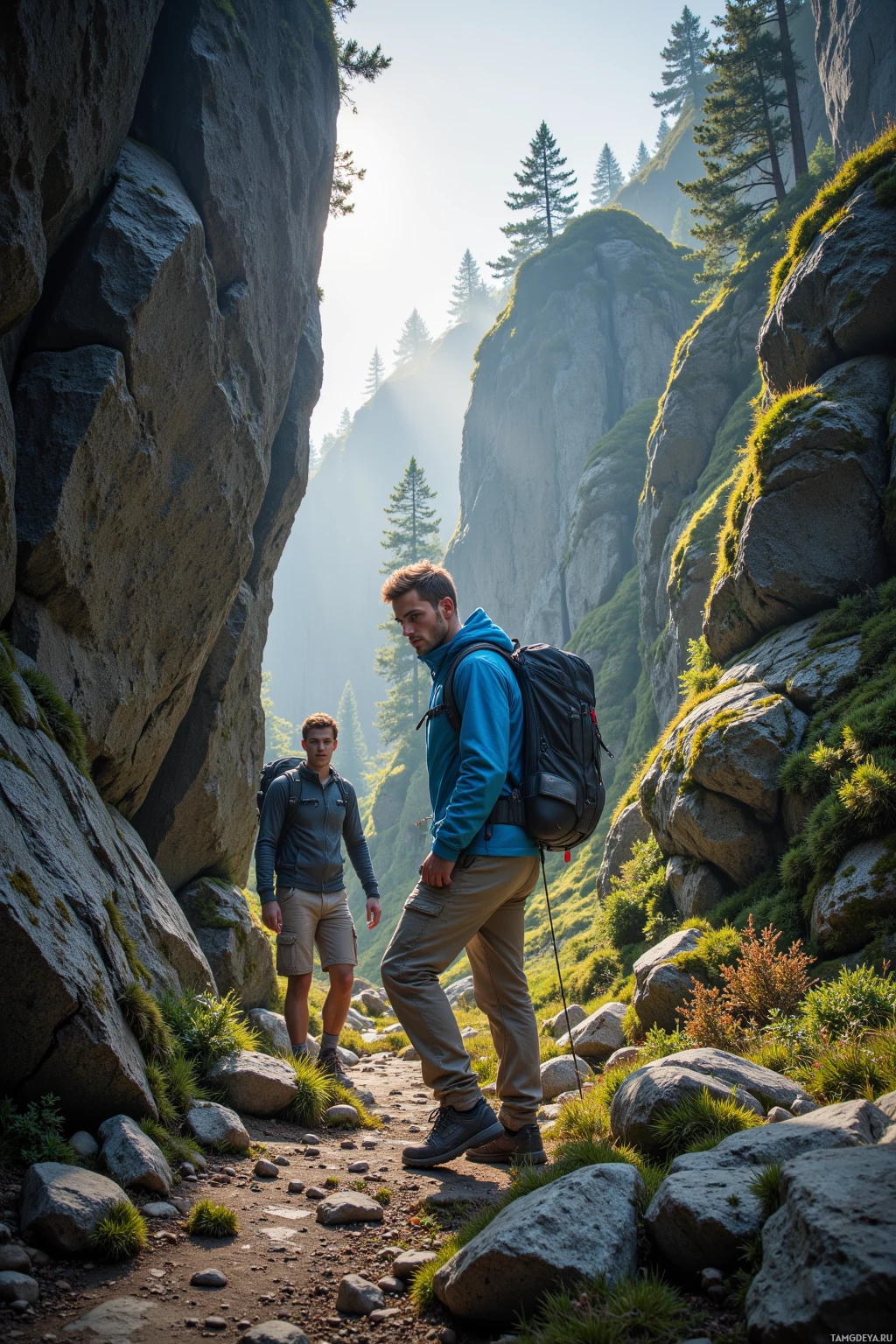 Two hikers with backpacks walk along a rocky trail in a mountainous area.