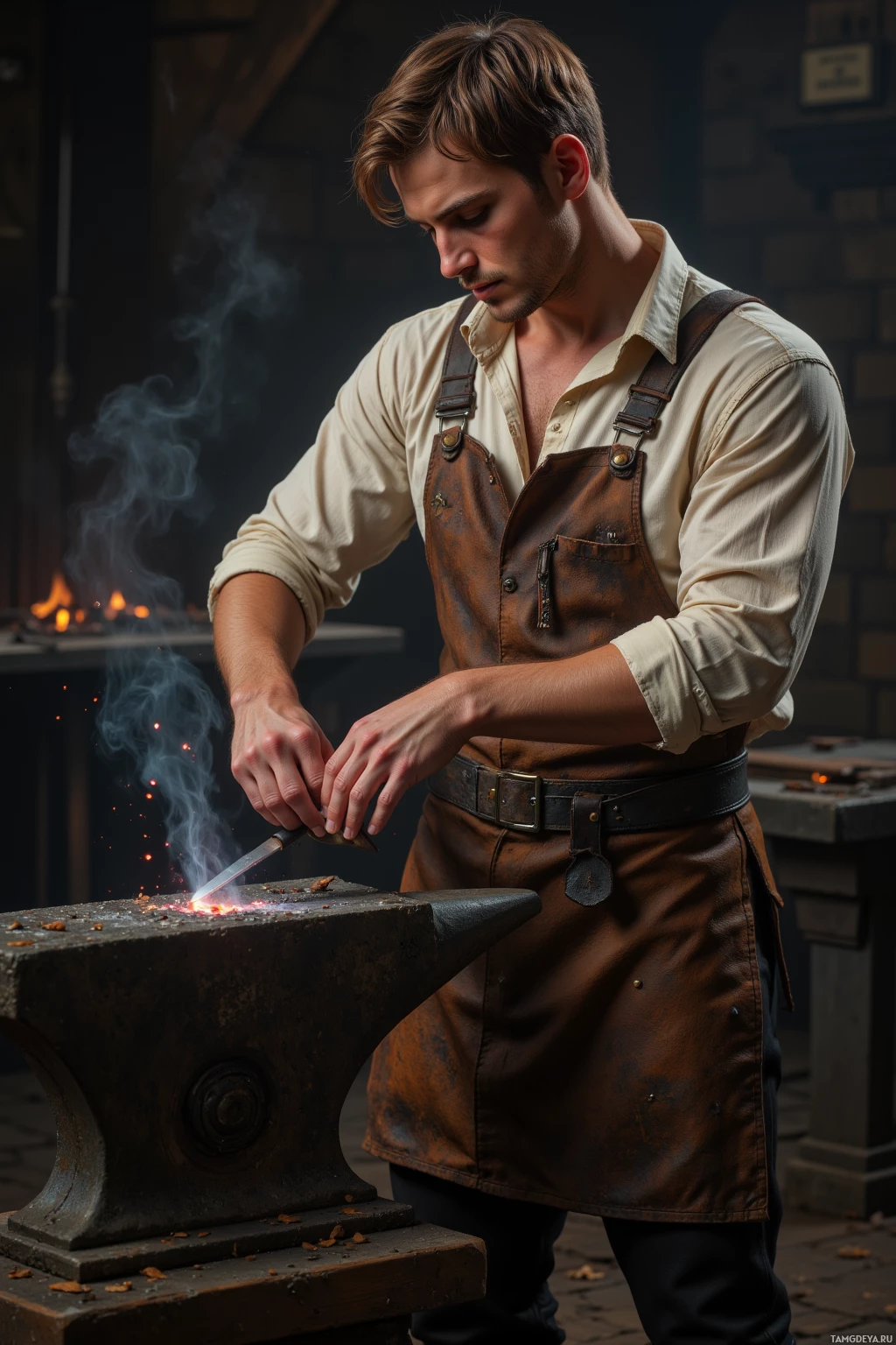 A man in a leather apron is forging a glowing metal object on an anvil.