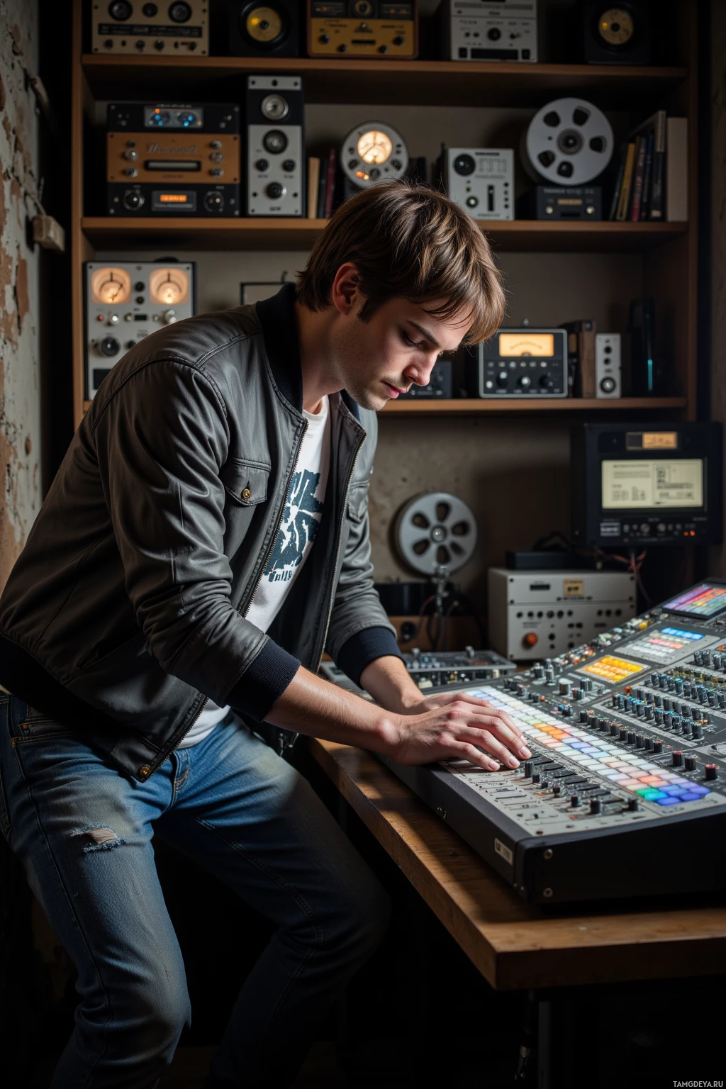 A person is working at a mixing console in a studio setting.