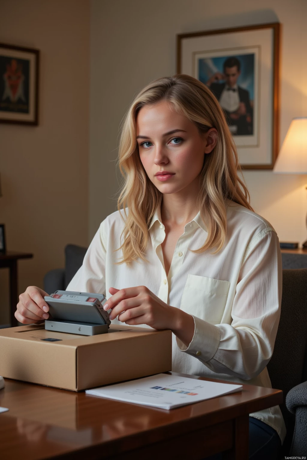 A person in a white shirt is sitting at a table with a box and a small device.