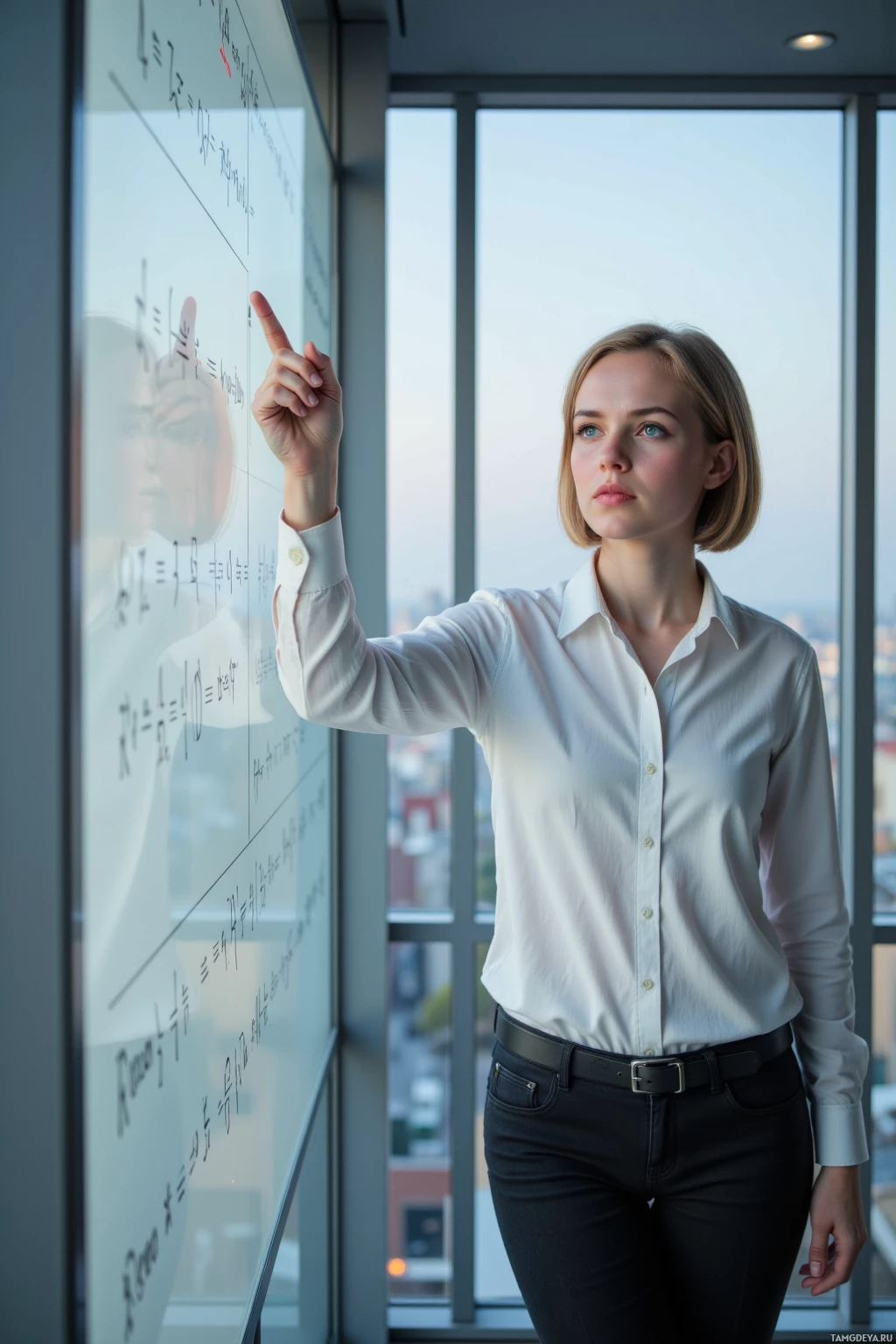 A woman in a white shirt stands by a whiteboard, pointing at equations.